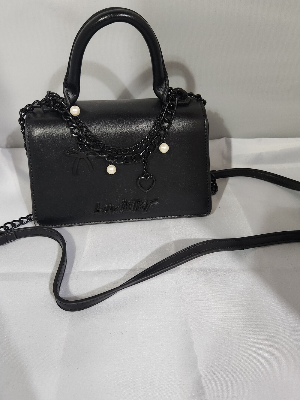 Betsey Johnson Black Top-Handle Crossbody Bag with Pearl Chain Charms